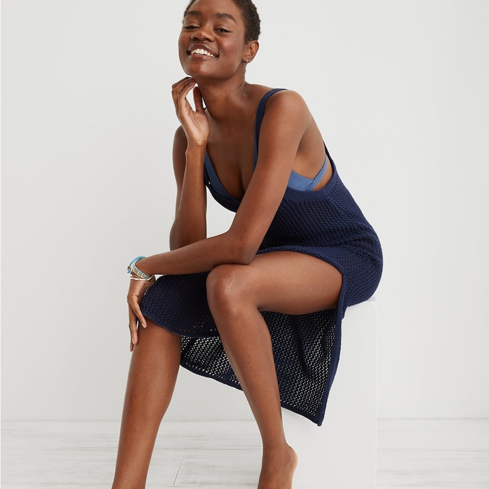 Aerie navy mesh crochet knit dress with side slits